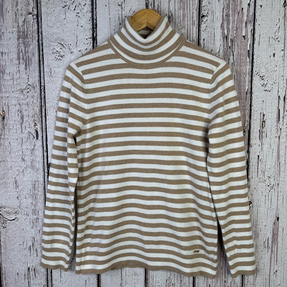 Tommy Hilfiger Tan & White Striped Turtleneck Sweater Women’s Medium Button Cuff